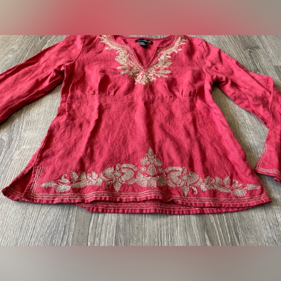 Willi Smoth Medium 100% Linen Coral & Gold Long Sleeve Women’s Blouse Side Zip - Picture 2 of 7